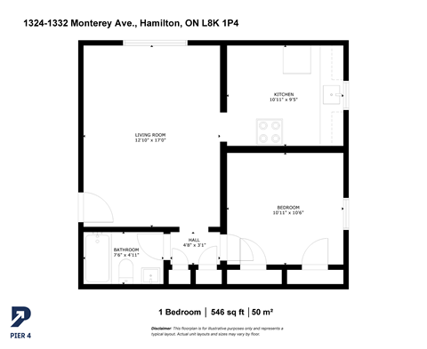 Floor plan for 1 bed, 1 bath, 546 sqft